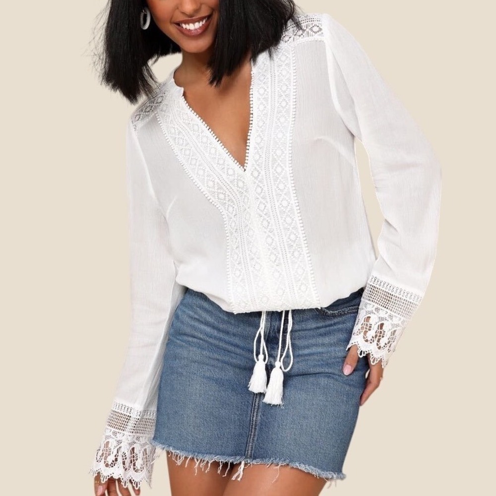 Lulus White Crochet Lace Boho Peasant Top Large Gauzy Tassel Prairie Festival